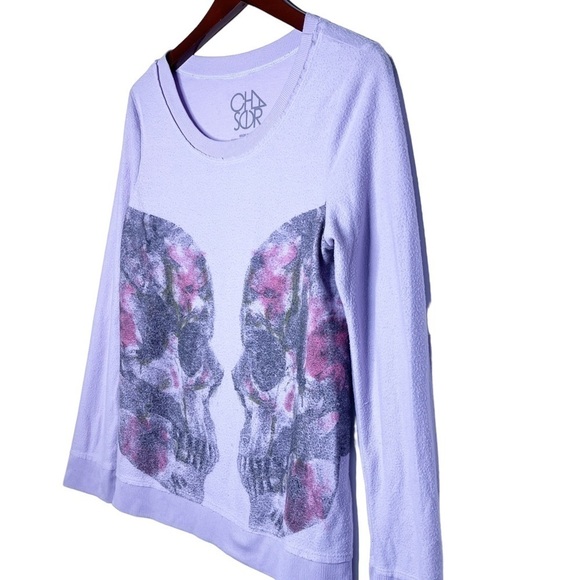 Chaser Twin Skulls Crew Neck Sweatshirt Top Size Medium in Pale Lavender - Picture 4 of 16